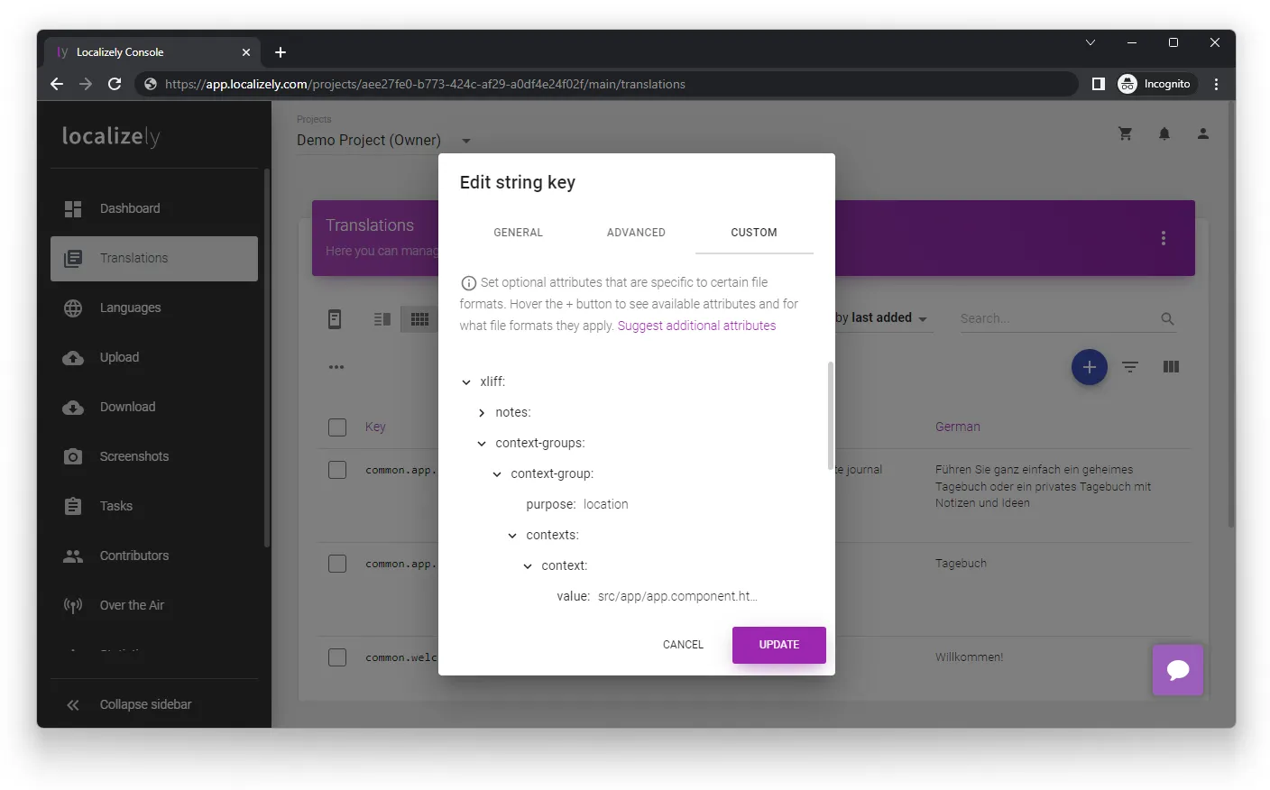 Localizely string key optional attributes